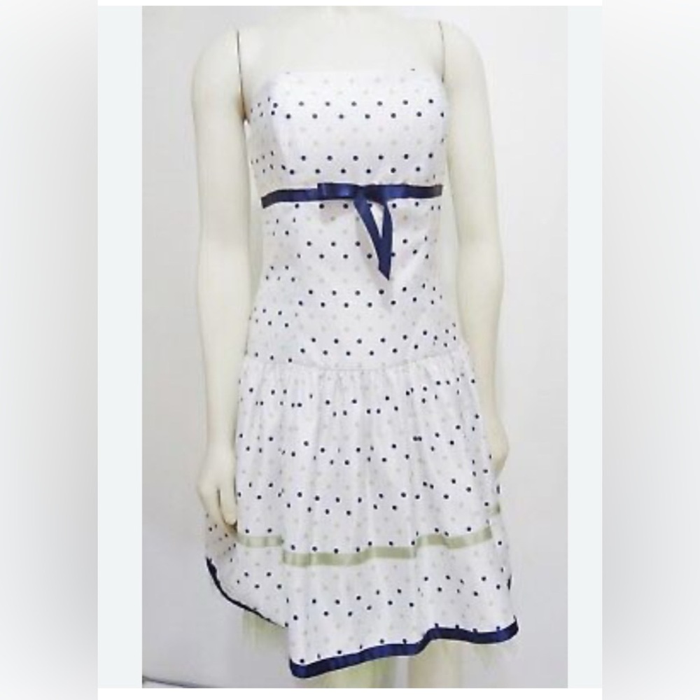 JESSICA McClintock - Polka Dot Strapless Dress with Navy and Lime Accents